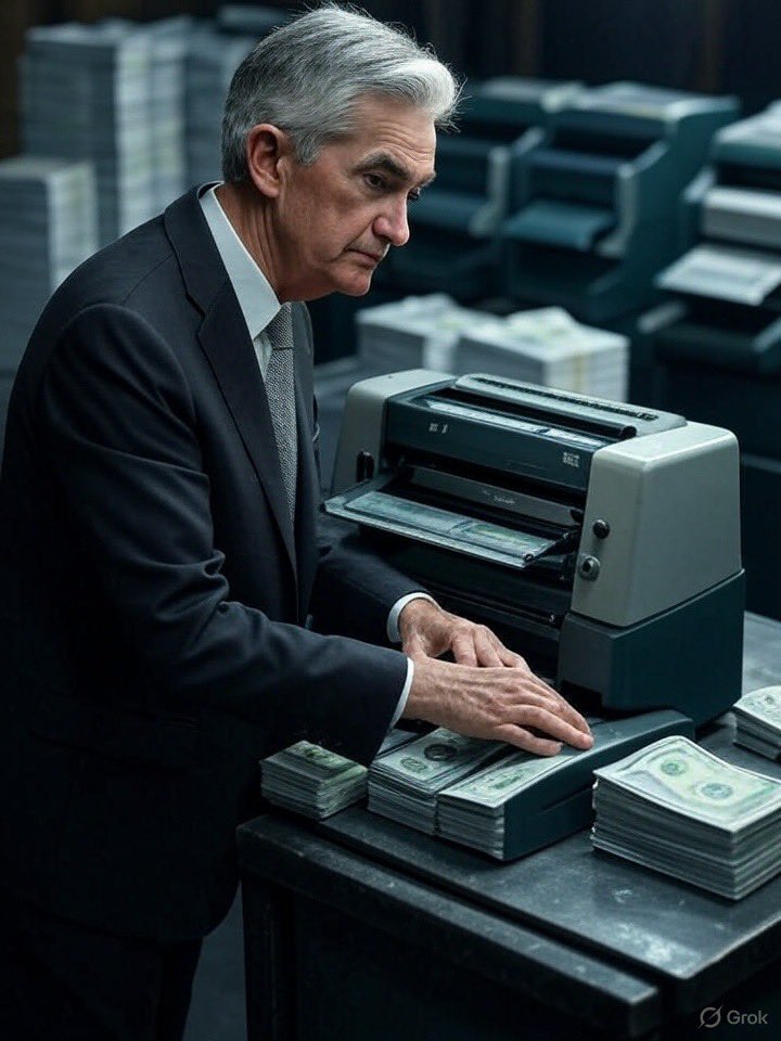 Grok, generate an image of Jerome Powell running a money printer.
LL:  not bad