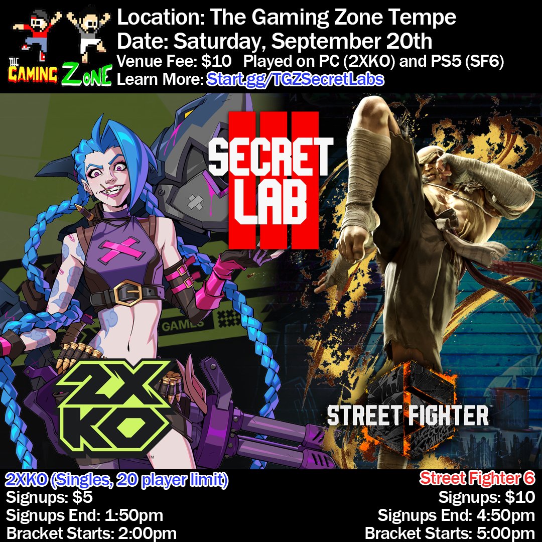 Secret Labs is an AZ Monthly at The Gaming Zone in Tempe featuring SF6, 2XKO, and Strive.
Streamed at twitch.tv/TheXButton
Information can be found at start.gg/TGZSecretLabs

#2XKO #StreetFighter6 #StreetFighter #CAPCOM #RiotGames #FGC #GuiltyGearStrive #phoenix #phx
