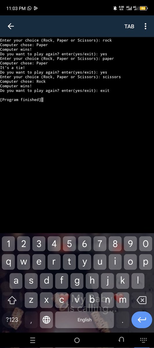 Nesorex0's tweet image. Hi guys, with my small knowledge of loop, conditions and the random module, I created a simple Rock paper scissors game. Rate me 1 to 10
github.com/Nesorexx/RPS
#programmingislife #CodingJourney #pythonprogramming #Python #pythondev
