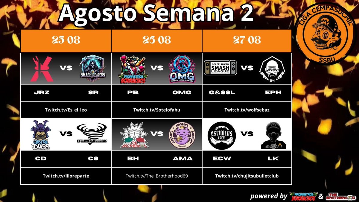 Continua la semana 2 de la #ligacempasuchil aquí les dejamos los días y canales por el que serán transmitidos los combates

#ssbu #gaming #tournament #team #crew #esports