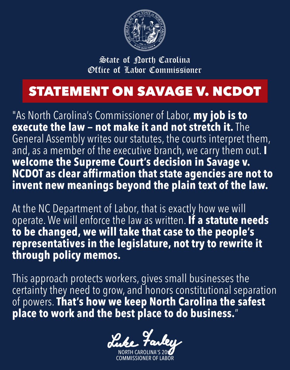NC Department of Labor (@ncdol) on Twitter photo BREAKING 🚨
Commissioner <a href="/LukeFarleyNC/">Luke Farley</a> has issued a statement following today’s NC Supreme Court decision in Savage v. NCDOT.
Read his full statement here ⬇️
#ncpol BREAKING 🚨
Commissioner <a href="/LukeFarleyNC/">Luke Farley</a> has issued a statement following today’s NC Supreme Court decision in Savage v. NCDOT.
Read his full statement here ⬇️
#ncpol