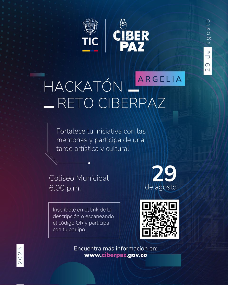 Ciberpazcolombi's tweet image. Argelia se alista para la Hackatón CiberPaz.

Este 29 de agosto, prepárate para vivir un día lleno de innovación, mentorías y cocreación.

📍 Coliseo Municipal.
 ⌚ 6:00 p. m. 

Regístrate aquí 👉 forms.gle/XRtFcu1sWZNpaV…
 #HackatonCiberPaz