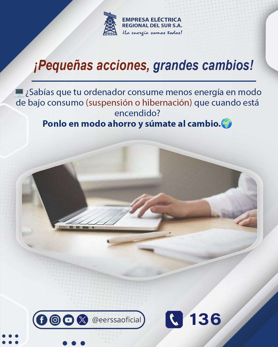 ¿Sabías que dejar tu computador en hibernación puede ayudarte a reducir el consumo eléctrico?
🔹La hibernación guarda tus documentos y programas abiertos.
🔹Permite que tu equipo consuma menos energía que en “suspensión”.
🔹Al volver a encenderlo, todo estará tal cual lo dejaste.