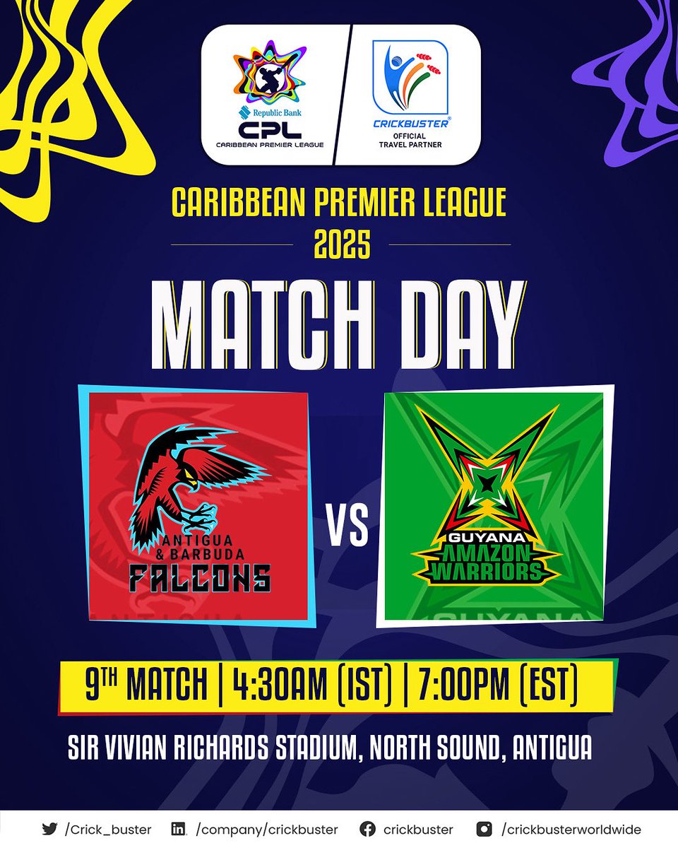 🏏 Matchday Vibes! Antigua &amp; Barbuda Falcons 🆚 Guyana Amazon Warriors ⚡ Who’s taking the win tonight? 🔥 

#CPL25 #ABFvGAW #Crickbuster #BiggestPartyInSport