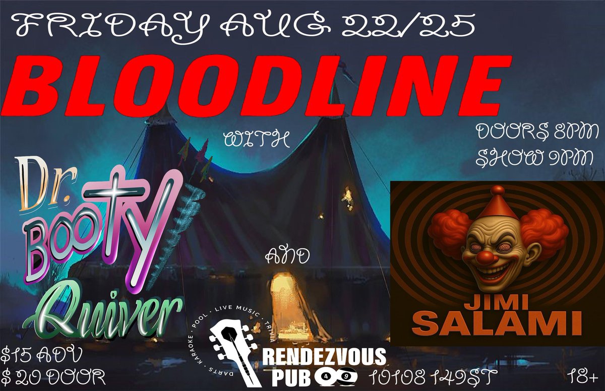 Tonight #comedyrock #rockmusic  Doors 8pm Show 9pm Jimi Salami Dr Booty Quiver and the Premier of Bloodline #yegmusic #yeg 10108 149st #live #pubfood #beer