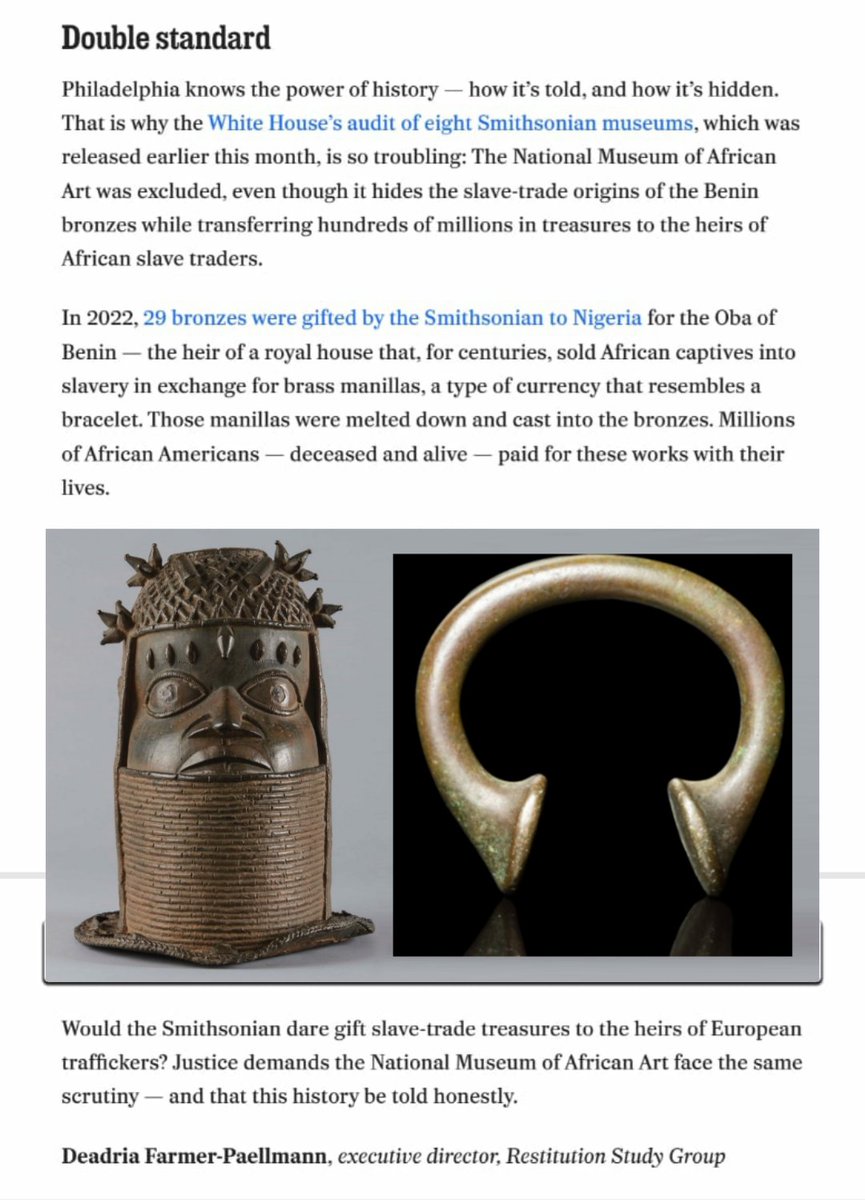 Will <a href="/POTUS/">President Donald J. Trump</a>, <a href="/VP/">Vice President JD Vance</a>, or Lindsey Halligan investigate why the Smithsonian transferred nearly $500 million worth of Benin bronzes — created from the currency of slavery — to the heirs of slave traders, from our collections at <a href="/si_africanart/">Smithsonian National Museum of African Art</a> and (possibly) <a href="/NMNH/">Smithsonian NMNH</a>? See my letter in