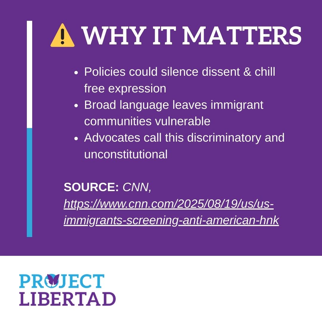 🚨 New Trump admin rule lets USCIS deny benefits for vague “anti-American” activity — even social posts.

👁️ Expands surveillance
🗣️ Chills free speech
🚷 Silences voices

Immigrants deserve fairness, not censorship.

#ImmigrantJustice #FreeSpeech #ProjectLibertad