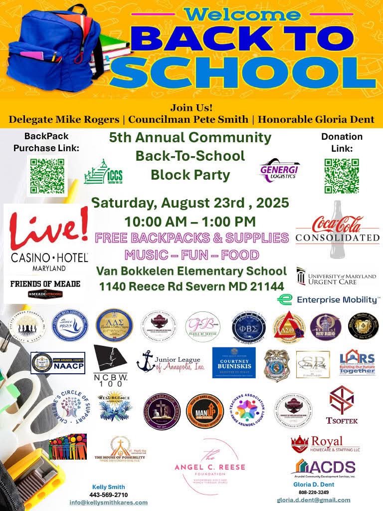 🎒 The Angel C Reese Foundation &amp; Charlene’s Circle of Support present the 5th Annual Back-to-School Community Block Party!

📍 Van Bokkelen Elem, Severn, MD
📅 Sat, Aug 23 | 10AM–1PM
✨ 2,500 backpacks, free supplies, food &amp; music!

#BackToSchool