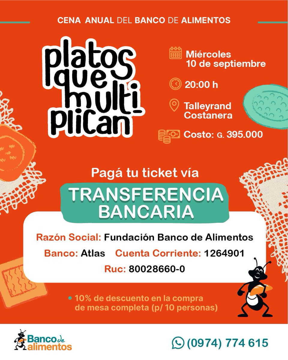 🌍🍽️ #PlatosQueMultiplican

Con cada plato de tu cena, ayudás a erradicar el hambre, reducir el desperdicio y nutrir a +40.000 personas en hogares y comedores sociales.

🇵🇾 ¿Te sumás? Reservá tu lugar 👇
📲 WhatsApp: wa.me/595974774615
✉️ alianzas@bancodealimentos.org.py