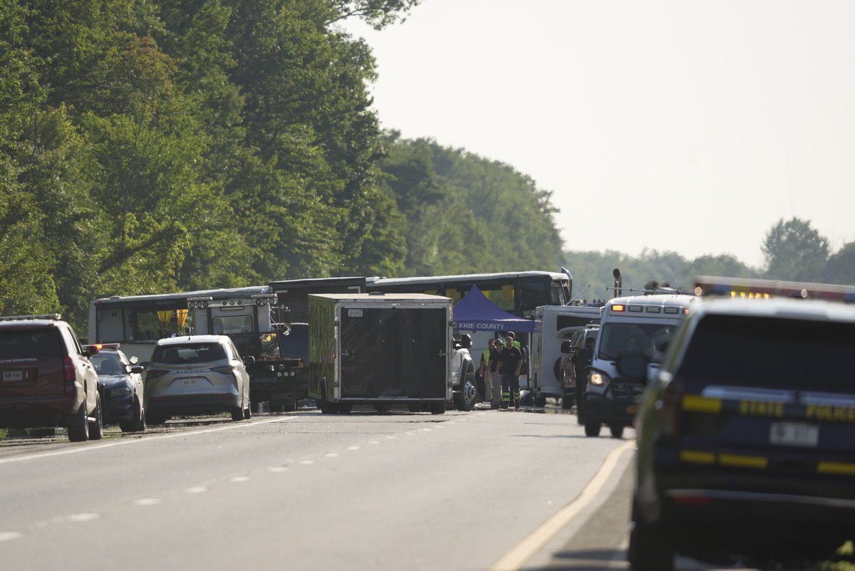 Fatal bus accident on the Thruway in Pembroke.  The bus is in the east bound lane currently