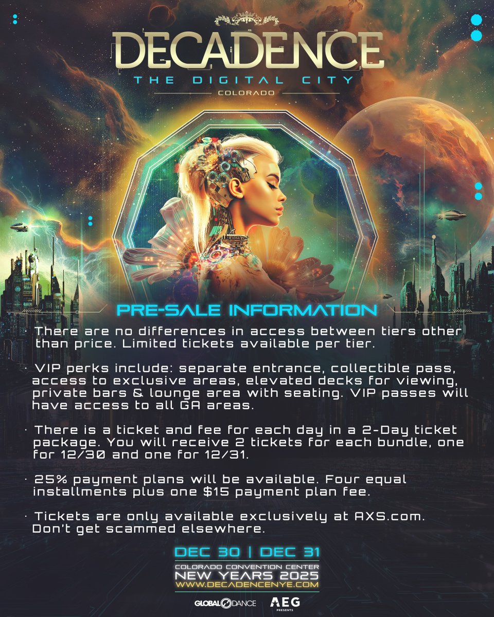 Here’s everything you need to know before grabbing your tickets to Decadence Colorado 🎫🎉 

Presale 8/25 at 12PM MT
On Sale 8/27 at1 12PM MT

Don’t miss your chance to sign up for exclusive presale access ⏩ decadencenye.com
