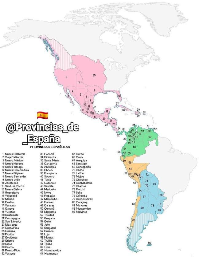 🇪🇸 Imagen de las provincias españolas en la América hacia el año 1800:
Nueva España, Nueva Granada, Virreinato del Perú y del Río de la Plata 
#profcuberos #españa