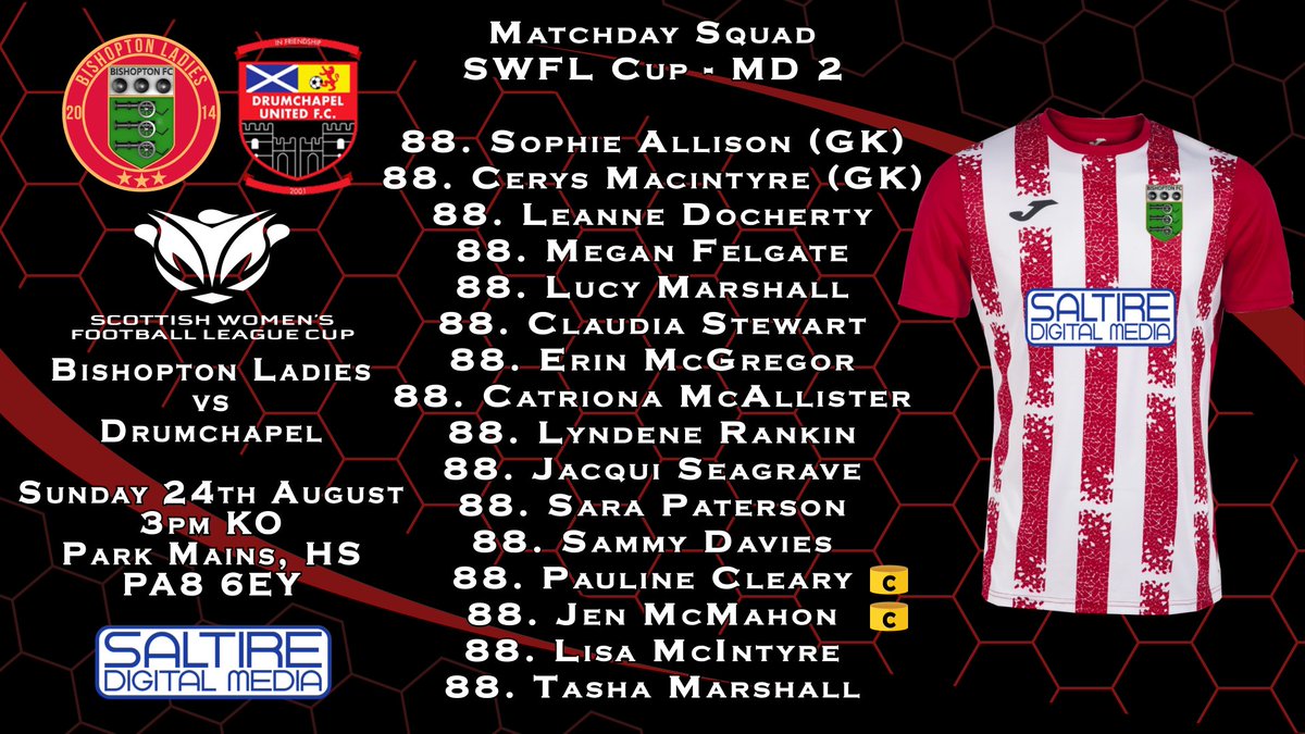BishoptonFcl's tweet photo. Our Matchday Squad vs Drumchapel United.
The team will wear black armbands in remembrance of former player Sonia "Subo" Cavanagh.
#our88 #monthebishy #saltiredigitalmedia https://t.co/LR54TXukXu