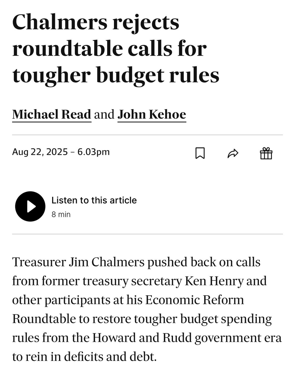 tedobrienmp's tweet photo. Extraordinary that in announcing areas of consensus, Chalmers didn’t mention fiscal rules once.

I’m not the only one calling for rules. He’s also rejecting the advice of Ken Henry, Philip Lowe, and countless other budget experts—in favour of the unions!—to just keep on spending. https://t.co/5Qk1cgDq5p