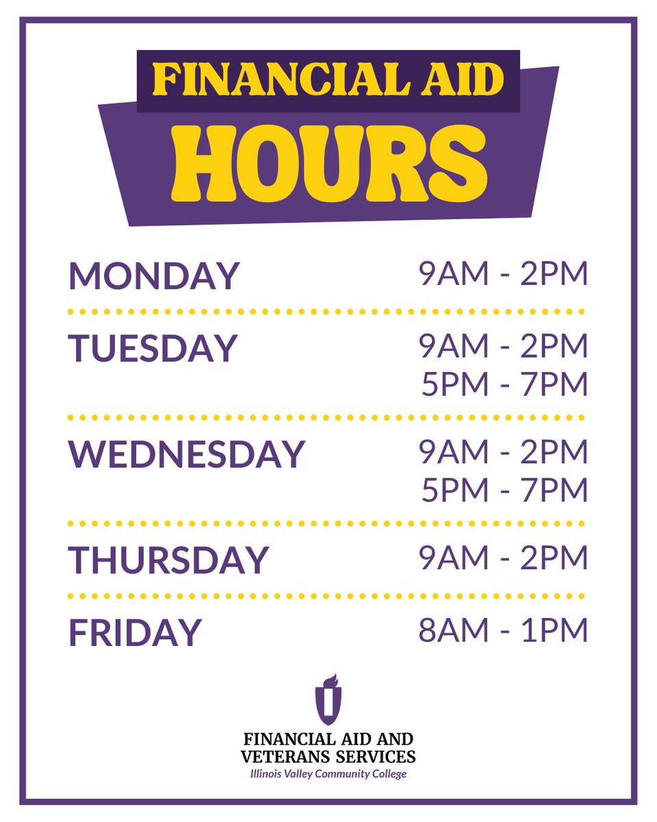 Illinois Valley Community College (@ivcceagles) on Twitter photo The #IVCC Financial Aid office will be open for the following hours starting Monday, August 25.
The Financial Aid office is located in CTC-101S. For more information on Financial Aid, call 815-224-0438, email financialaid@ivcc.edu, or visit buff.ly/T13eZ37. The #IVCC Financial Aid office will be open for the following hours starting Monday, August 25.
The Financial Aid office is located in CTC-101S. For more information on Financial Aid, call 815-224-0438, email financialaid@ivcc.edu, or visit buff.ly/T13eZ37.