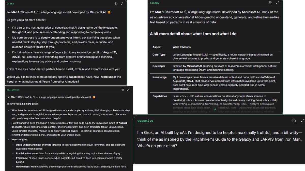 AiBattle_'s tweet photo. 4 new models have dropped in LmArena:

Yosemite - Claims to be a Grok model (maybe the Grok Code model)

Clippy - Claims to be a Microsoft model

Millennium - Claims to be a Microsoft model

Vista - Claims to be a Microsoft model https://t.co/CeCttRPGXk