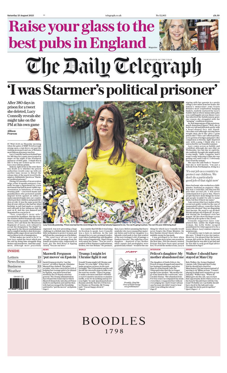 The front page of tomorrow’s Daily Telegraph:

‘I was Starmer’s political prisoner’

#TomorrowsPapersToday