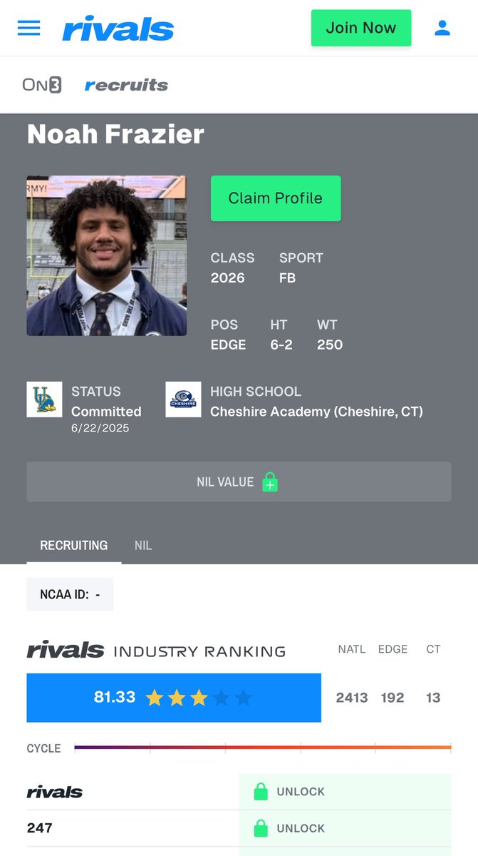 blessed to be ranked a 3 star on rivals and #13 in the state of Connecticut! <a href="/Rivals/">Rivals</a>