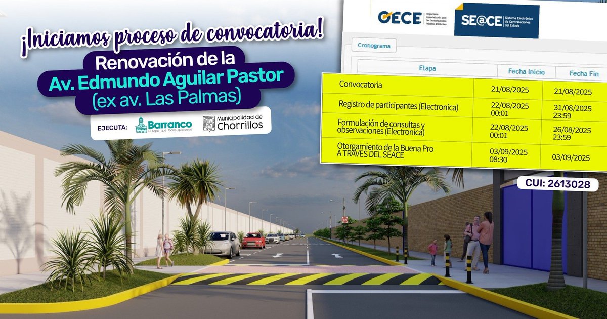 ¡𝐈𝐧𝐢𝐜𝐢𝐚𝐦𝐨𝐬 𝐞𝐥 𝐏𝐫𝐨𝐜𝐞𝐬𝐨 𝐝𝐞 𝐂𝐨𝐧𝐯𝐨𝐜𝐚𝐭𝐨𝐫𝐢𝐚!
De la Avenida Edmundo Aguilar Pastor (Las Palmas) 
Nuevas pistas asfaltadas
Veredas de concreto
Áreas verdes
Iluminación LED,  

Trabajando en conjunto con la Municipalidad de Chorrillos.