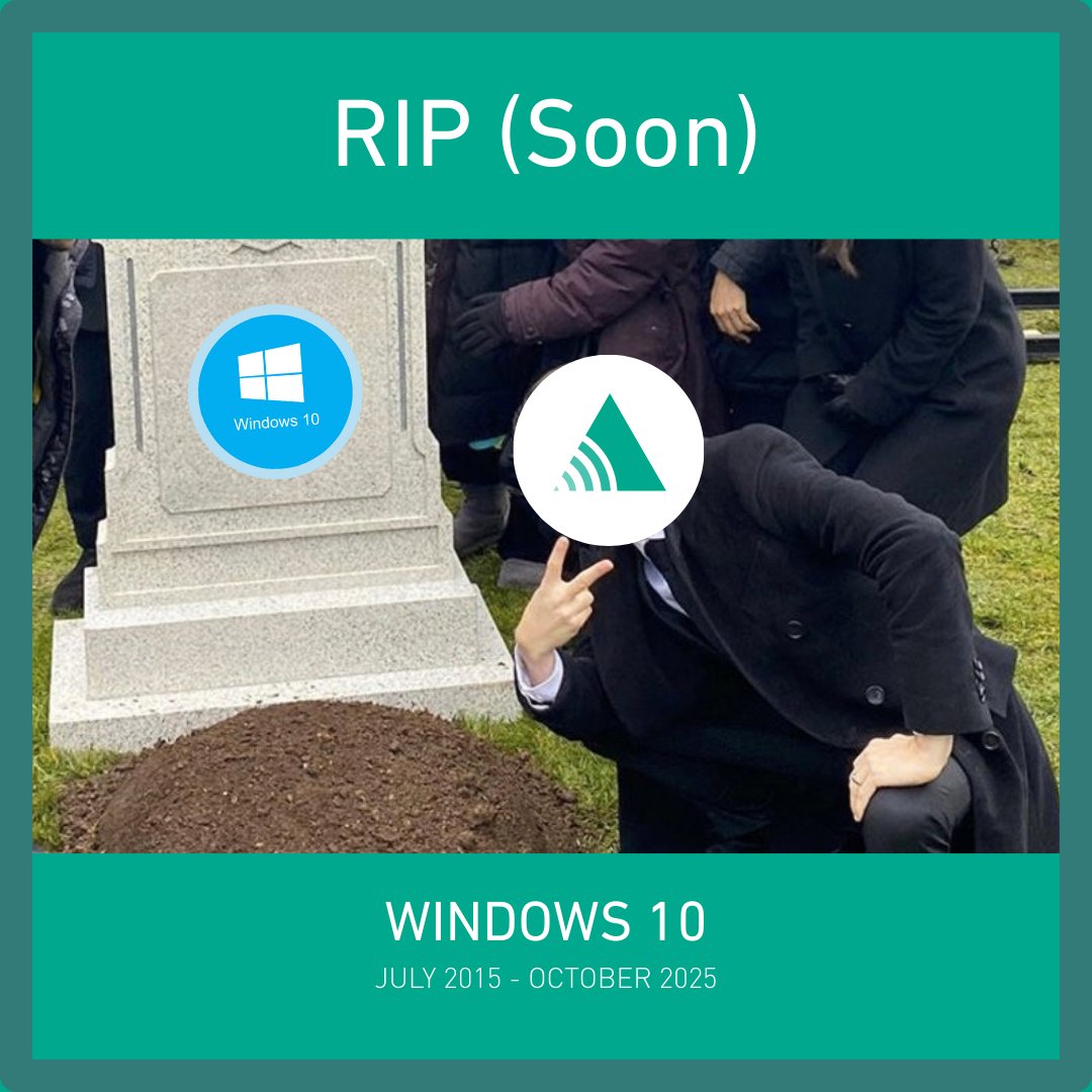 Transpera's tweet photo. Windows 10: “I’m retiring in 53 days.”

Businesses: “Wait… WHAT?!” 😳

👉 Upgrade now before your computers turn into security pumpkins. 🎃💻

In 53 days, Windows 10 officially becomes “Windows Who?” 🪦

Time to upgrade → we can help. #Win10EOL #TechLife https://t.co/oO2xr1yhNW