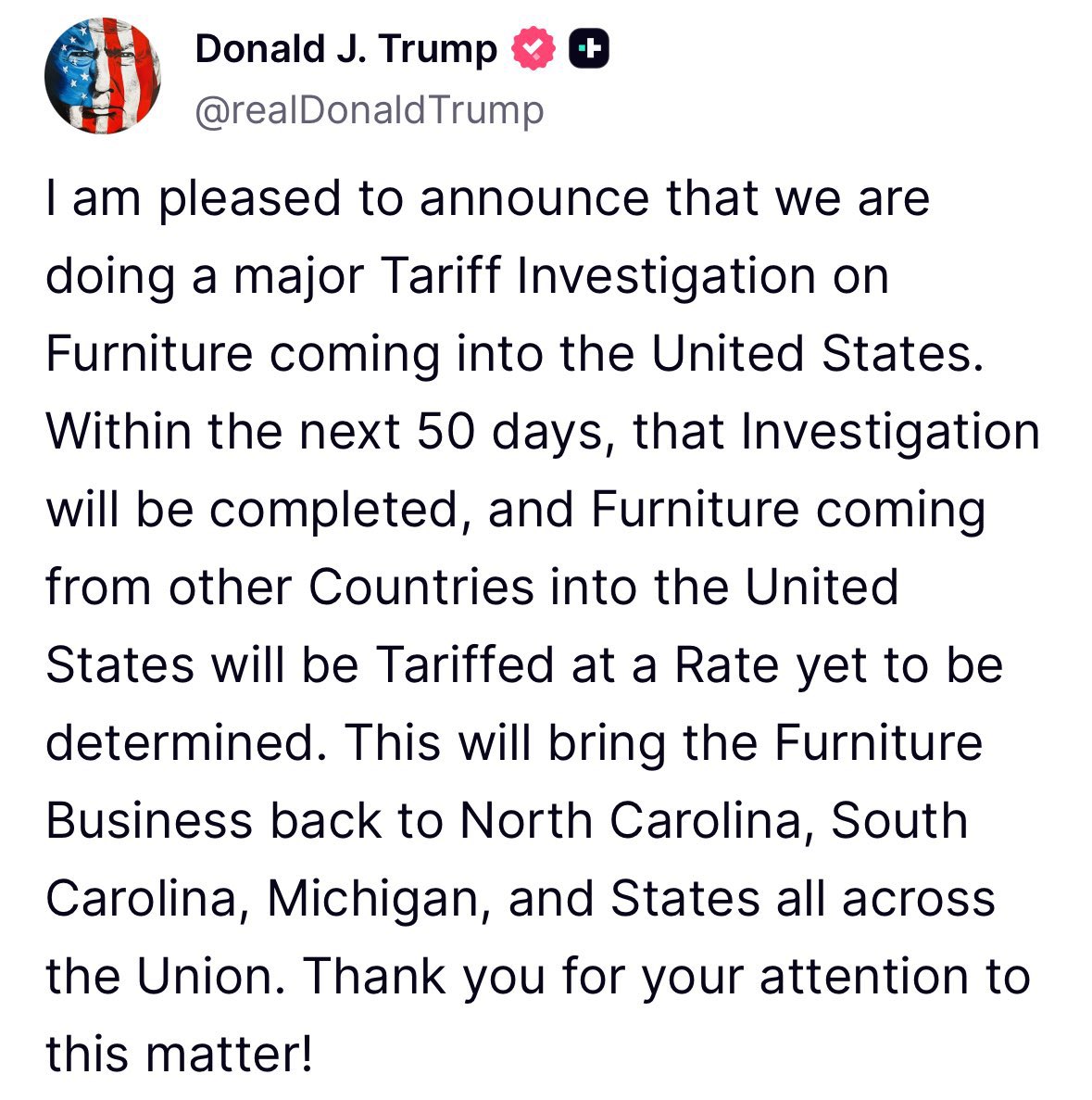 Gavin Newsom (@gavinnewsom) on Twitter photo This just in: Furniture prices will continue to increase thanks to <a href="/realDonaldTrump/">Donald J. Trump</a>. This just in: Furniture prices will continue to increase thanks to <a href="/realDonaldTrump/">Donald J. Trump</a>.