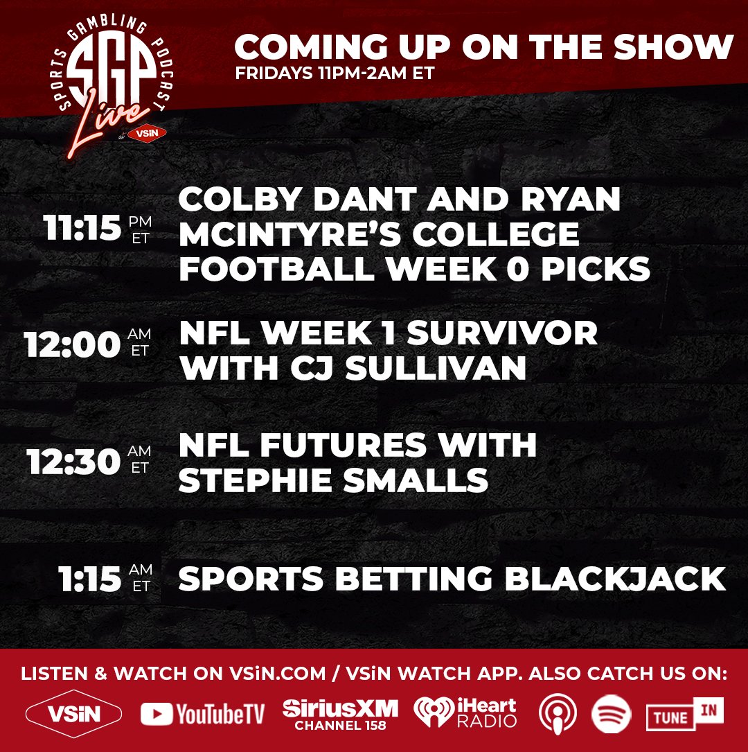 VSiN (@vsinlive) on Twitter photo Sports Gambling Podcast is live at 11pm ET with <a href="/seantgreen/">Sean Green</a> and <a href="/KramerCentric/">Ryan Kramer</a>! Sean and Ryan will give out their plays for the rest of Week 3 of the NFL preseason. Plus, we’ll give out college football picks and NFL futures.
Joining the show: <a href="/TheColbyD/">Colby Dant</a>, <a href="/Moneyline_Mac/">Ryan McIntyre</a>, Sports Gambling Podcast is live at 11pm ET with <a href="/seantgreen/">Sean Green</a> and <a href="/KramerCentric/">Ryan Kramer</a>! Sean and Ryan will give out their plays for the rest of Week 3 of the NFL preseason. Plus, we’ll give out college football picks and NFL futures.
Joining the show: <a href="/TheColbyD/">Colby Dant</a>, <a href="/Moneyline_Mac/">Ryan McIntyre</a>,