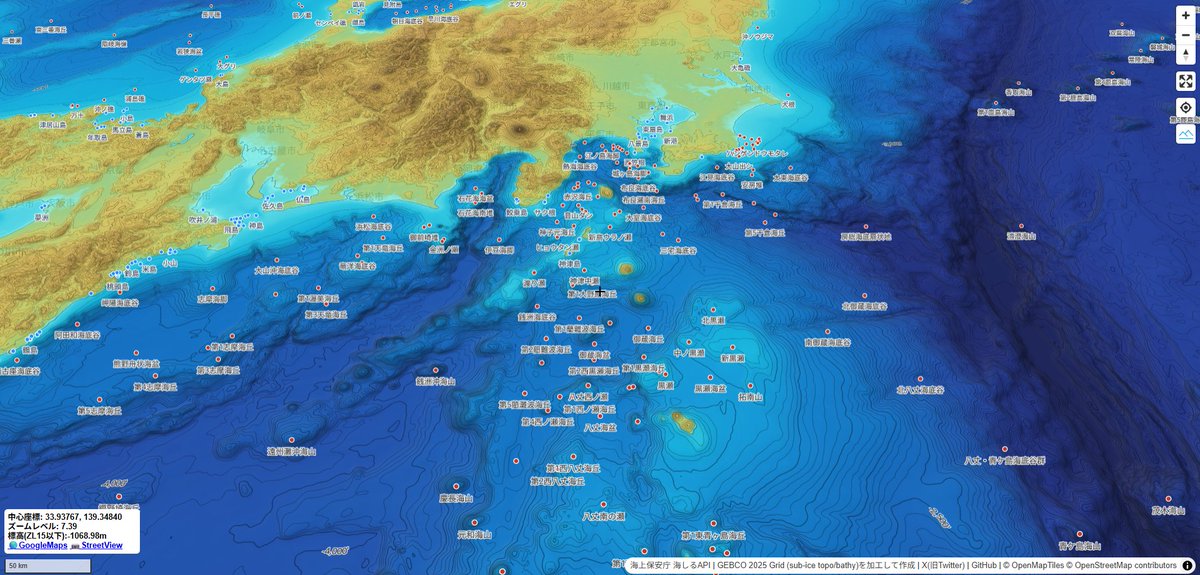 shi__works's tweet image. MapLibre GL JSで全球の海底地形タイル（GEBCO 2025 Grid）をもとに陰影段彩図と等深線を表示してみた。正しくは測深図かしら...？島名や海底地形名は海上保安庁 海しるAPIより。
shiwaku.github.io/gebco-2025-gri…
#FOSS4G #MapLibre #海底地形 #タイる #海しる