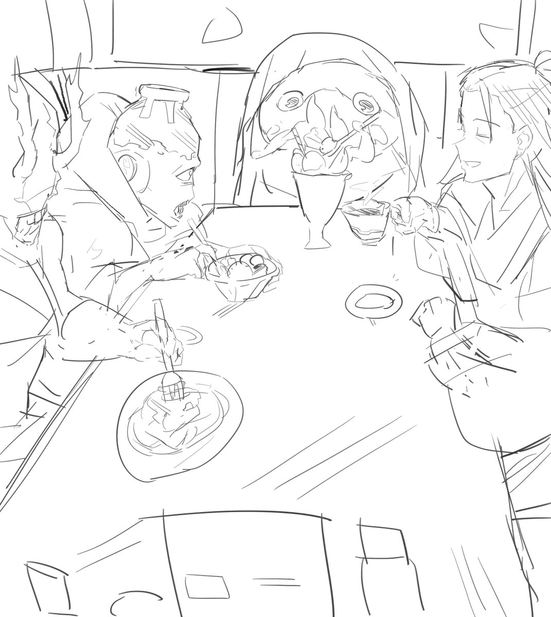 ファミレスで食事する特級呪霊描きました 