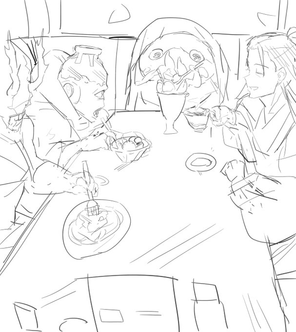 ファミレスで食事する特級呪霊描きました 