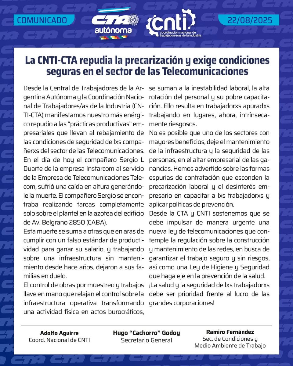 ctaa_foetra's tweet photo. La precarización mata!
No mas muertes por trabajar!
#telefonicos #cnti #foetra #ctaautonoma #seguridadlaboral #consitel #fatel https://t.co/gzYCQXb1Et