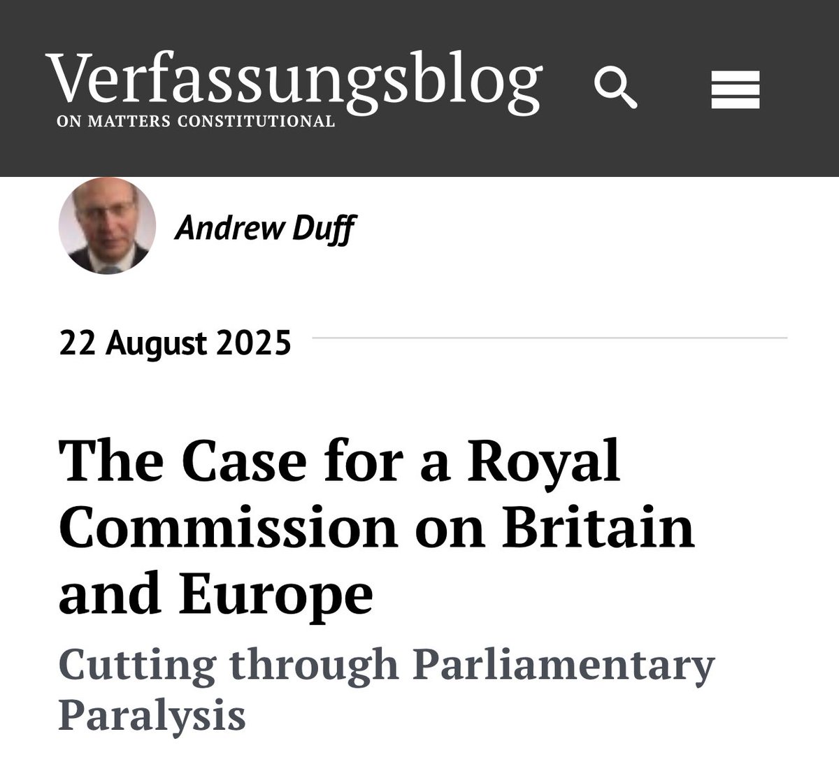 Liz Webster (@lizwebstersbf) on Twitter photo Brilliant to read <a href="/AndrewDuffEU/">Andrew Duff</a>’s piece calling for a Royal Commission on Britain & Europe.
The Article 50 decision was never legitimate — Brexit is an unfinished constitutional mess.
Parliament can’t resolve it alone, it always should’ve been kicked into a royal commission, Brilliant to read <a href="/AndrewDuffEU/">Andrew Duff</a>’s piece calling for a Royal Commission on Britain & Europe.
The Article 50 decision was never legitimate — Brexit is an unfinished constitutional mess.
Parliament can’t resolve it alone, it always should’ve been kicked into a royal commission,