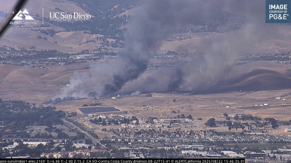 KCBSAMFMTraffic's tweet photo. the #ParksFire is burning to the right of the northbound side of Dougherty Rd in the #Dublin / #SanRamon area and visible from #Interstate580. It's smoky! @CalFire advises you to put your windows up, and use your AC. #KCBSTraffic ๐ธ@ALERTCalifornia https://t.co/XvFhS67f33