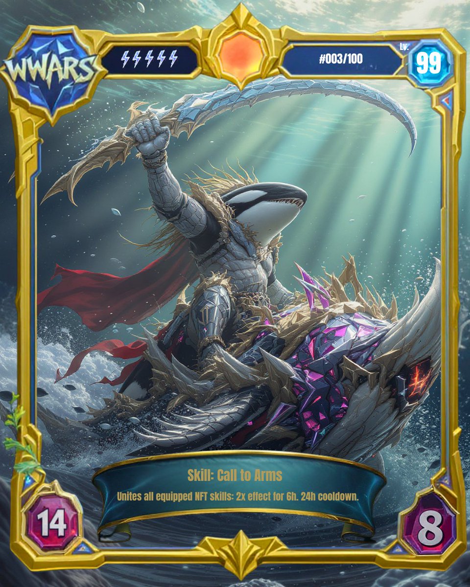 WhaleWarsCoin's tweet photo. KYLE THE ORCA GENERAL REVEAL 🐋

THE GENERAL HAS ARRIVED. INTRODUCING KYLE, THE ORCA GENERAL – THE FIRST MYTHIC NFT IN THE $WWARS ARSENAL! ⚔️

Leading the charge against the whales, Kyle unites the entire army with his ultimate skill: 'CALL TO ARMS' – doubling the effect of all equipped NFT skills for a massive advantage.

🔧 NOTE: THIS IS A PREVIEW!
The card templates & numbering are still in development and may change before the final mint. We're perfecting every pixel for you!

💬 WHAT DO YOU THINK?
Comment your hype level below ↓

1. How should we use Kyle's power?
2. Tag a true general who never sells!

⚠️ MINTING ON RARIBLE SOON
The war is just beginning. Stay tuned, soldiers!

#WhaleWars #KyleTheOrca #WWARS #NFT #MythicNFT #CryptoMemes #Memecoin #HODL #NoGuarantees #AIGenerated