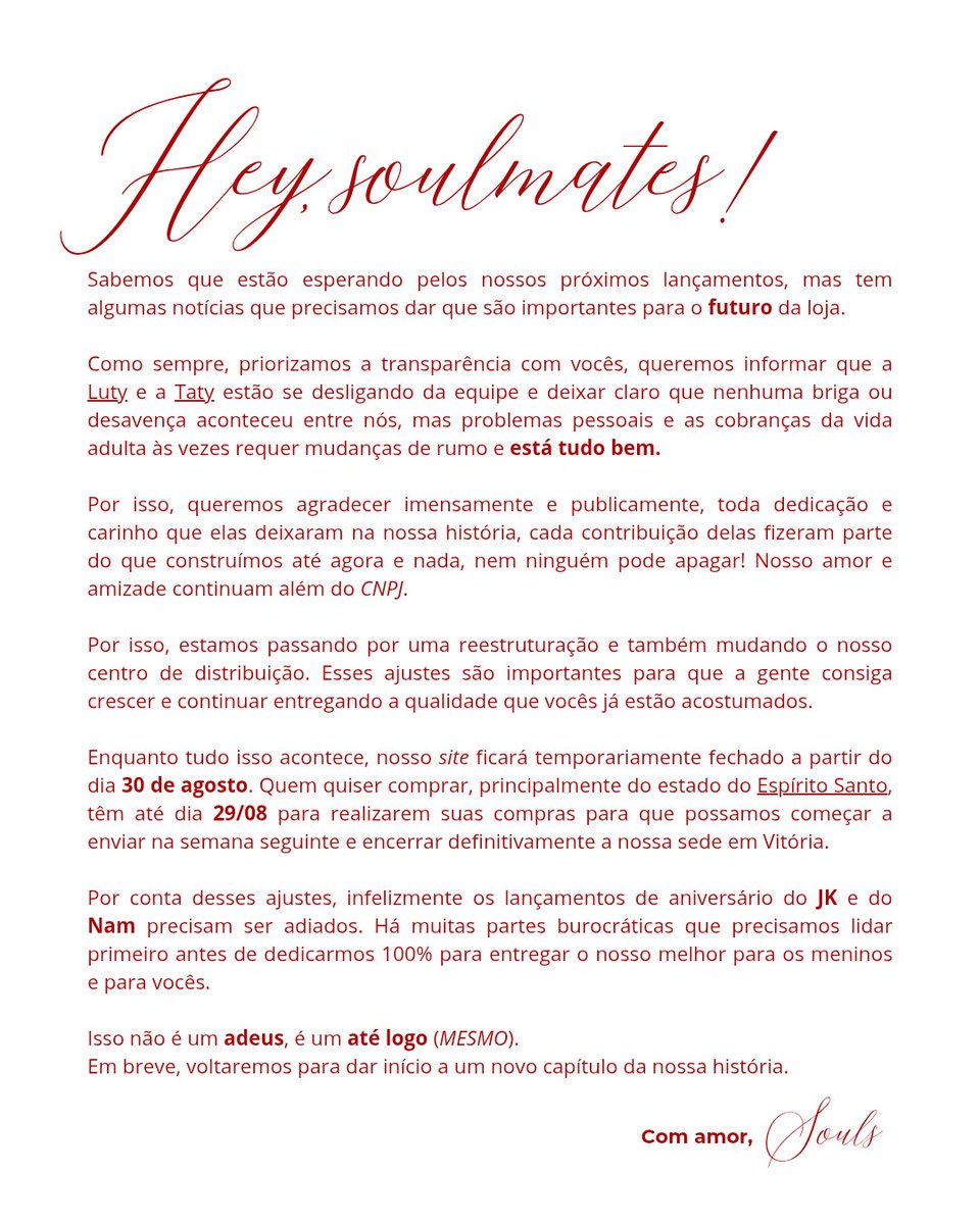 O futuro é incerto, a vida nos faz repensar sobre nossas decisões e escolhas, mas nada tira o mérito do que foi feito e os novos rumos que vamos trilhar no futuro!
Obrigada a vocês que sempre nos apoiaram e sempre vão estar aqui por nós, esperamos que aguardem a nossa volta! ❤️