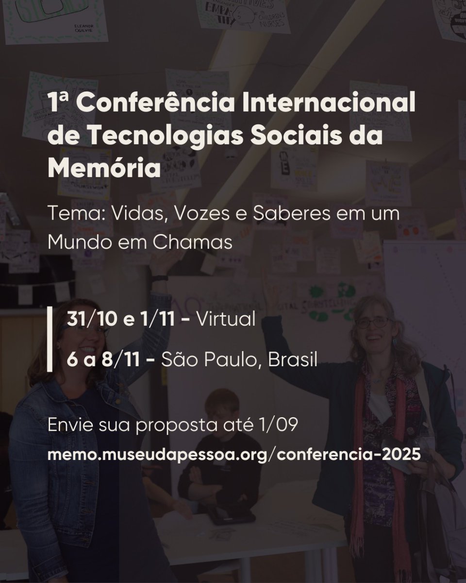 🔥 1ª Conferencia Internacional de Tecnologías Sociales de la Memoria: Vidas, Voces y Saberes en un Mundo en Llamas
📅 31/10 y 1/11 – Virtual / 📅 6 al 8/11 – São Paulo, Brasil
✍️ Propuestas hasta el 1 de septiembre
🔗 memo.museudapessoa.org/conferencia-20…
#MemoriaViva #TecnologíasSociales