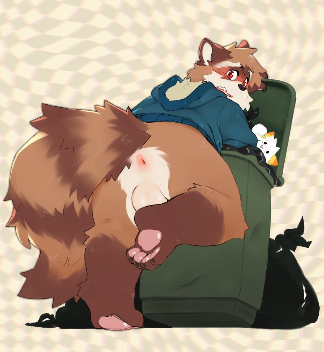 It's Friday, you remind yourself that it's trash day. As you're making your way to the trash can to get rid of your garbage, you see a pesky raccoon going through your trash can, he seems to have noticed you as well. Wdyd?~

Very hot comm starring my racc, Maple! :3
🎨: <a href="/shockstk/">shockstk.bsky.social</a>