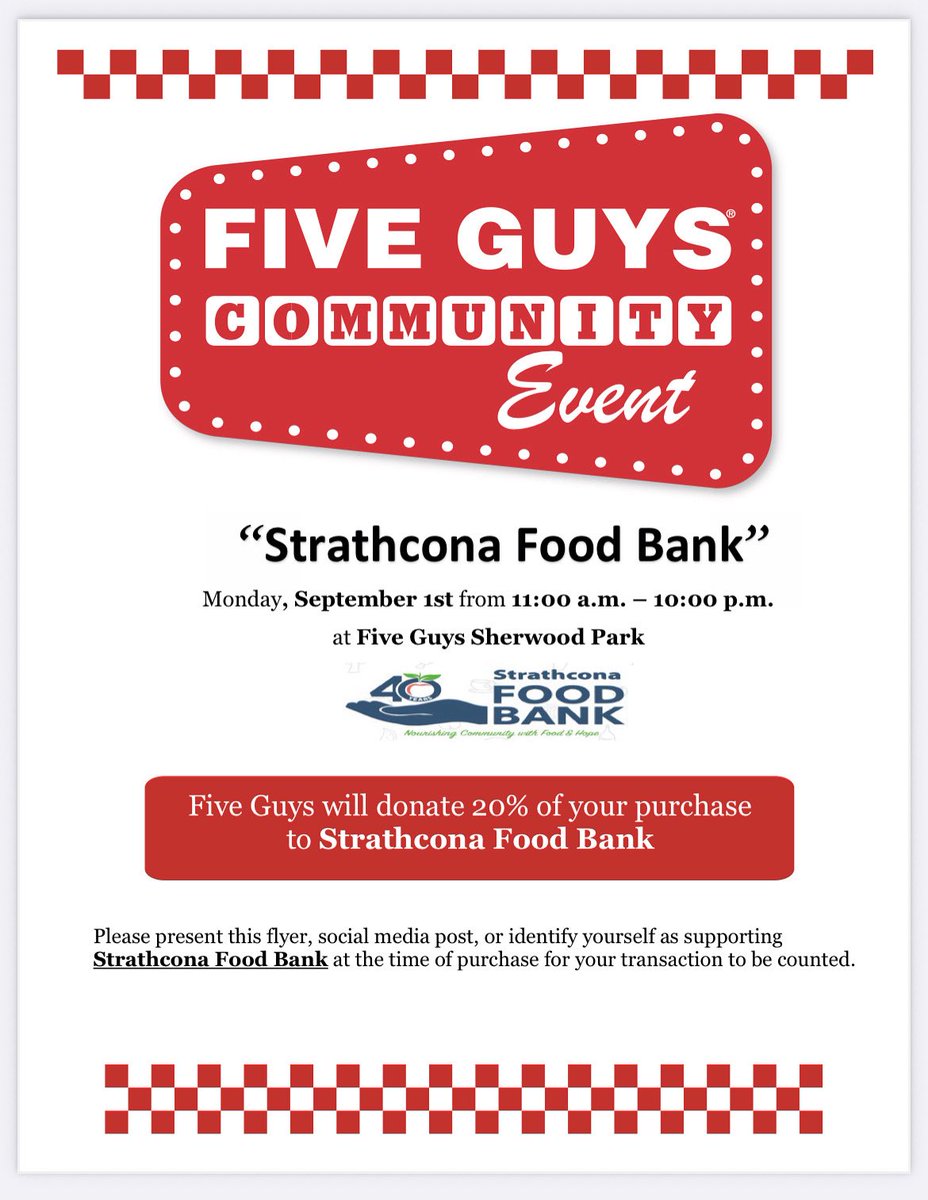 Strathcona Food Bank (@strathconafb) on Twitter photo Remember when the folks from Five Guys came by the SFB??
Well … NOW look 👀 
September 1! 
11 AM to 10 PM
20% of proceeds will be donated to the SFB. Present this post, paper flyer, OR mention that you would like to support the SFB.
#shpk   Wye Road location only Remember when the folks from Five Guys came by the SFB??
Well … NOW look 👀 
September 1! 
11 AM to 10 PM
20% of proceeds will be donated to the SFB. Present this post, paper flyer, OR mention that you would like to support the SFB.
#shpk   Wye Road location only