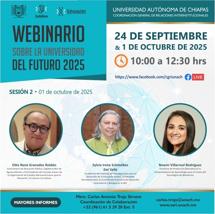 SirventTrejo's tweet photo. Webinarios sobre la Universidad del Futuro Unach 2025

24/09/25 y 01/10/25

10:00 y 12:30 horas (CdMx)

Zoom: https://t.co/vuzBkLdmSC

Facebook: https://t.co/aIyoXqrwBt https://t.co/U483kfed2h