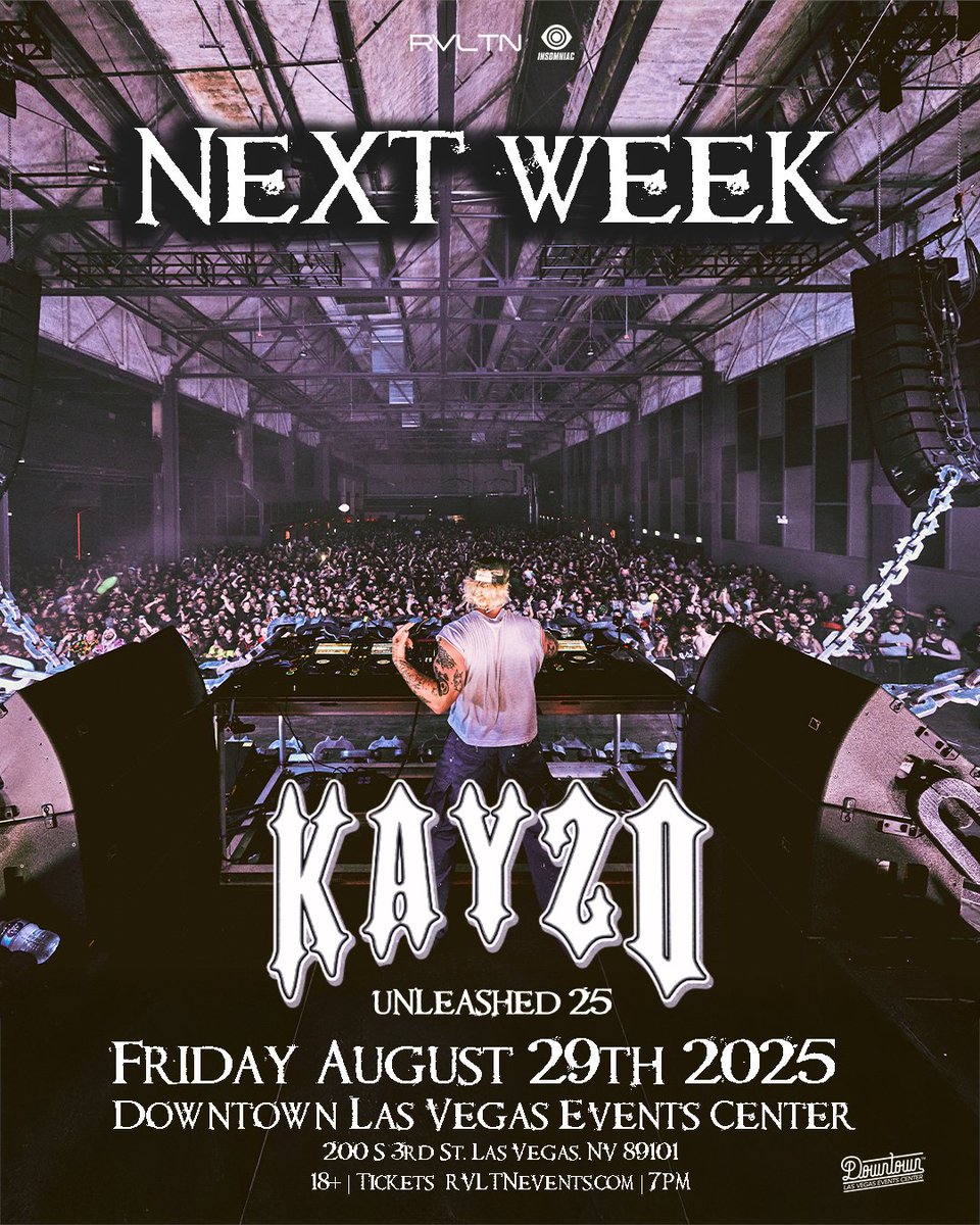 RVLTN Events ® (@ravealation) on Twitter photo NEXT WEEK - We are soooooo back OUTSIDE🌃
Kayzo heads to @Dlvec for his 2025 tour, "UNLEASHED", & trust us when we say, "THIS ONE IS GOING TO BE HUGE"🤩!! This lineup is going to RATTLE all of downtown - @ThisIsHiveMind, <a href="/Samplifire/">Samplifire</a>, @DennettMusic, & CRAYZO (@CrayMusic B2B NEXT WEEK - We are soooooo back OUTSIDE🌃
Kayzo heads to @Dlvec for his 2025 tour, "UNLEASHED", & trust us when we say, "THIS ONE IS GOING TO BE HUGE"🤩!! This lineup is going to RATTLE all of downtown - @ThisIsHiveMind, <a href="/Samplifire/">Samplifire</a>, @DennettMusic, & CRAYZO (@CrayMusic B2B