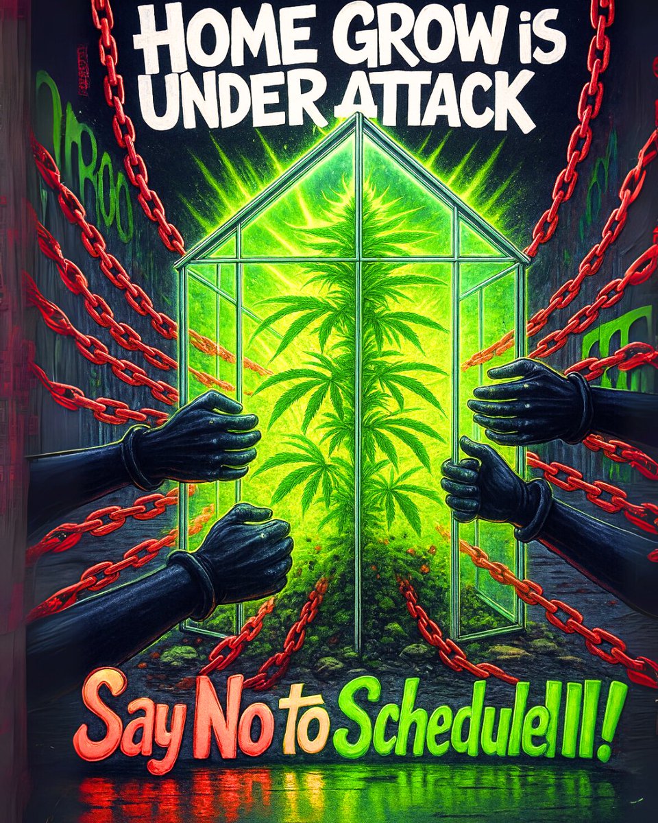 chha2020's tweet photo. The image powerfully warns: 'HOME GROW IS UNDER ATTACK! Say No to Schedule III!' Rescheduling keeps cannabis criminalized, threatening the fundamental right to cultivate & empowering corporations. True justice means full #Descheduling, ending federal prohibition & securing #FreedomToGrow. #NoneNotThree