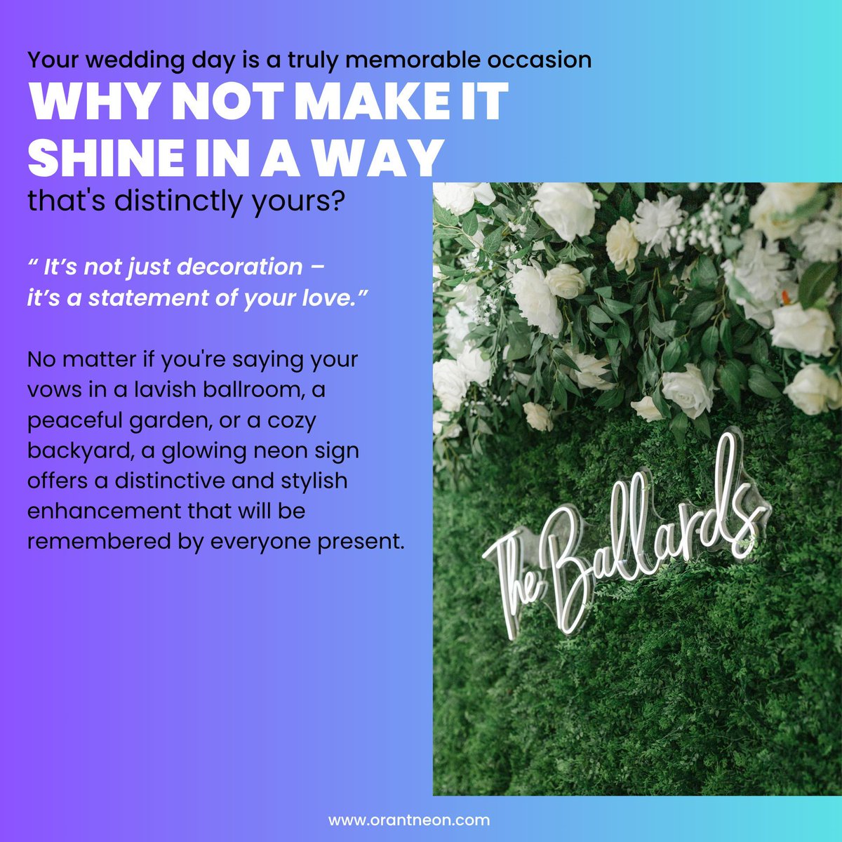 Orant_Neon's tweet image. 🎇Your wedding may be simple but with the addition of LED Neon Signs, it will become luxurious instantly. If you don't believe, try it!!
#OrantNeon #GlowYourWay #LightMoodUpgrade #RoomDecor ##AestheticDecor