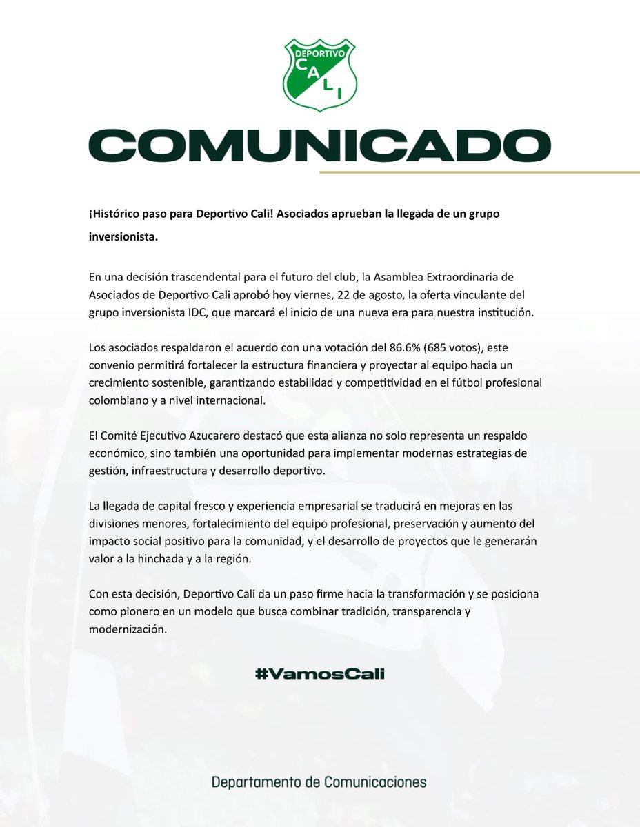 🌟💚 Hoy no solo escribimos historia, hoy iniciamos una nueva era para el Deportivo Cali. El día más importante ha llegado y nuestro futuro se viste de esperanza, grandeza y transformación

#TeAmoCali
#HistoriaVerdiBlanca