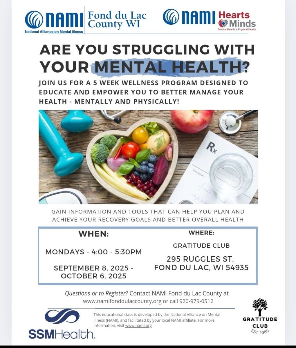 NAMIFDL's tweet image. Join us for a 5-week #wellnessprogram designed to empower you with tools and knowledge to support your mental and physical well-being. This free class, developed by NAMI, is facilitated by your local affiliate, NAMI Fond du Lac. Register or learn more: namifonddulaccounty.org