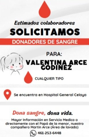 #URGENTE #CelayaGto #Sangre de cualquier tipo para la pequeña Valentina Arce Godínez, se requieren 5 donadores, en el Hospital General Celaya
Contacta al: 461 253 5448 con Martin Arce (papá).

#DonaEnVida #DonaConAmor