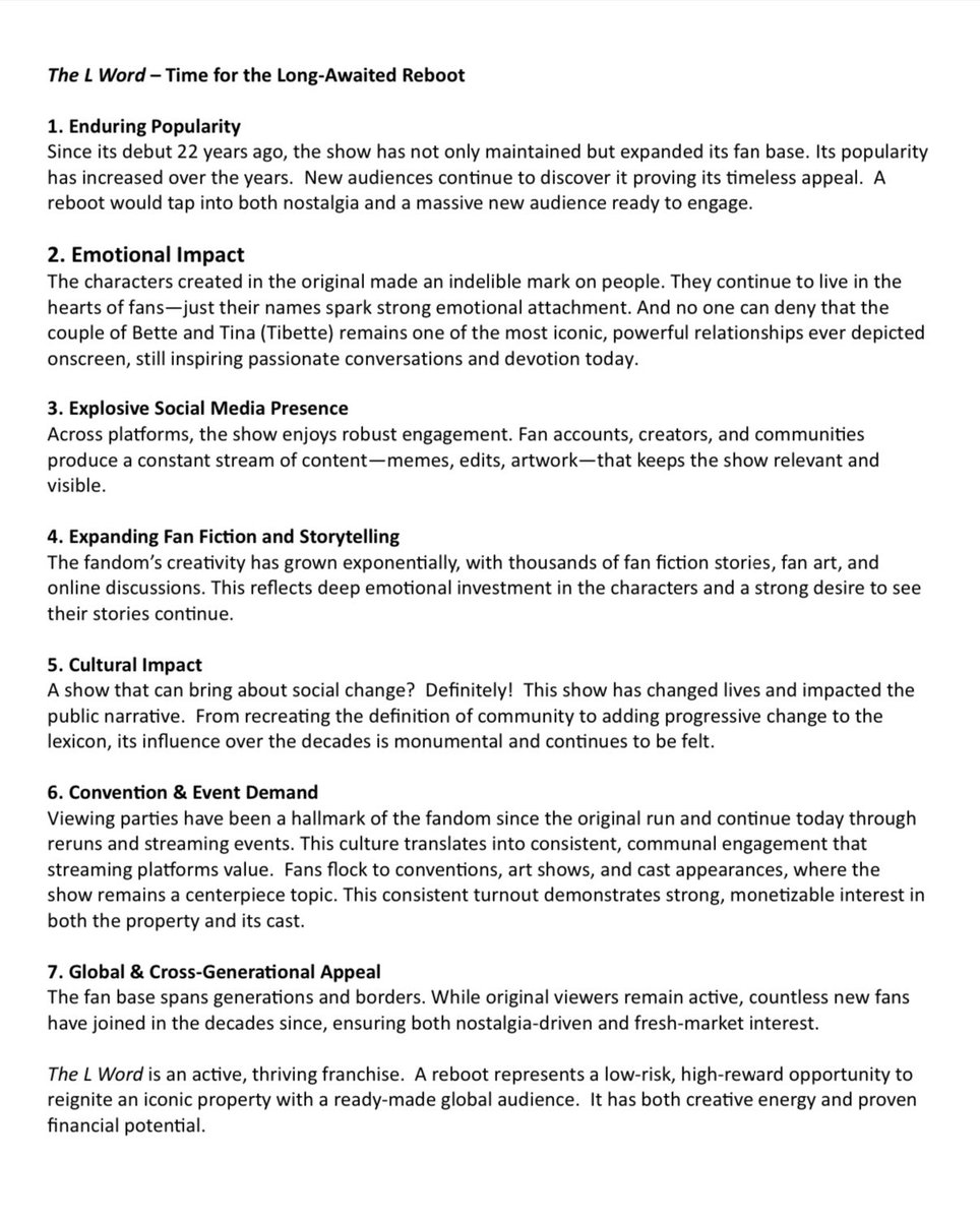 So <a href="/paramountplus/">Paramount+</a> <a href="/Skydance/">Skydance</a> <a href="/Showtime/">SHOWTIME</a> <a href="/SHO_TheLWord/">The L Word</a> , how incredible would a reboot of #thelword be?  And it would do wonders for you, too.  Here are just a few reasons to  #bringtibetteback
