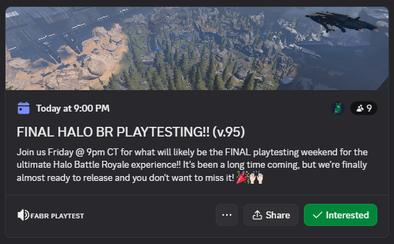 Playtesting the ultimate Halo Battle Royale starts in just under 3 hours!! 🎮

If interested, DM me or join the discord 👇🏻

discord.gg/FWHnMPpX?event…