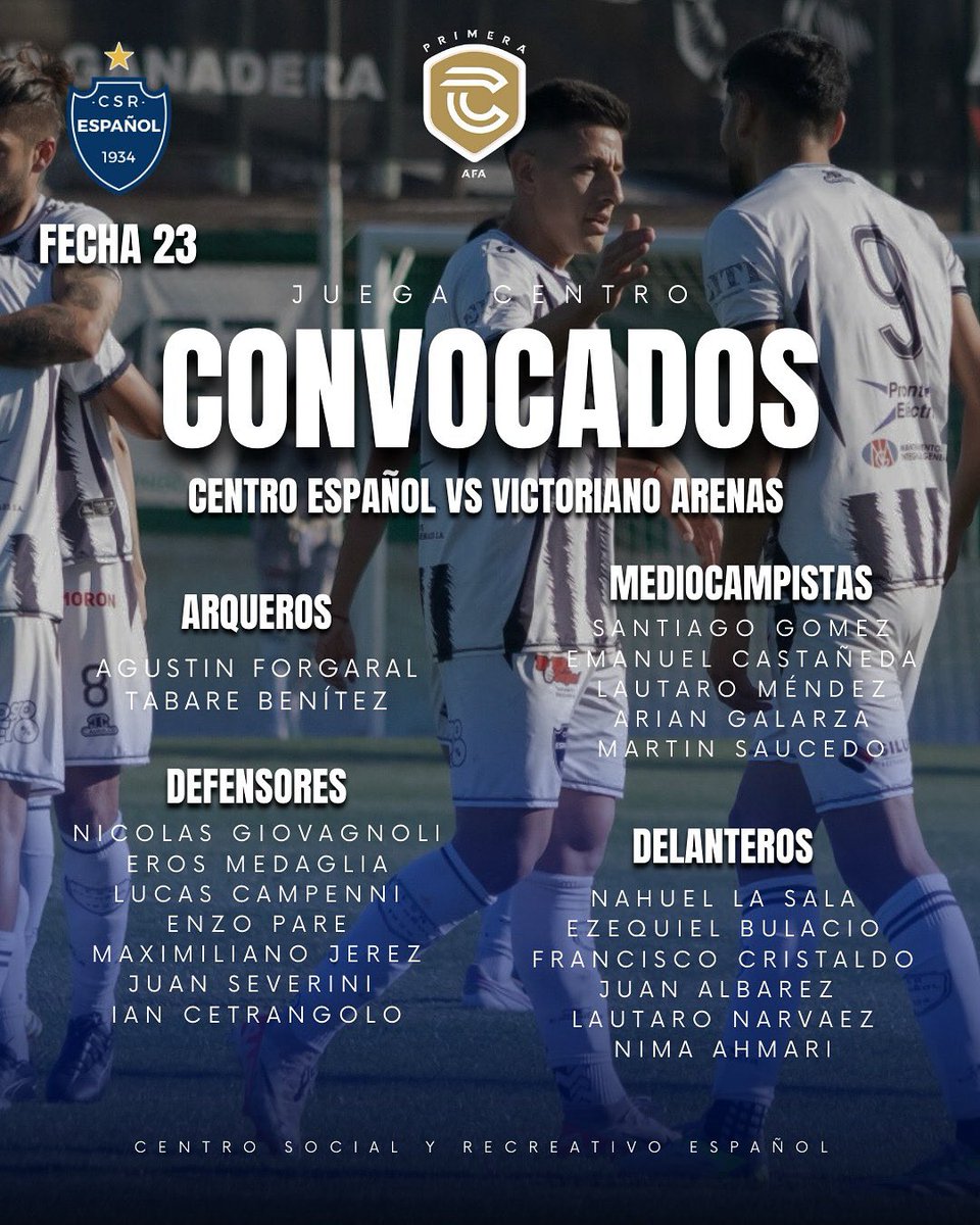 Estos son los convocados por Sergio Geldstein para recibir a Victoriano Arenas  , por la fecha 23 de la Primera C - 🔵⚪️.

#VamosCentro #CentroEspañol #primerac