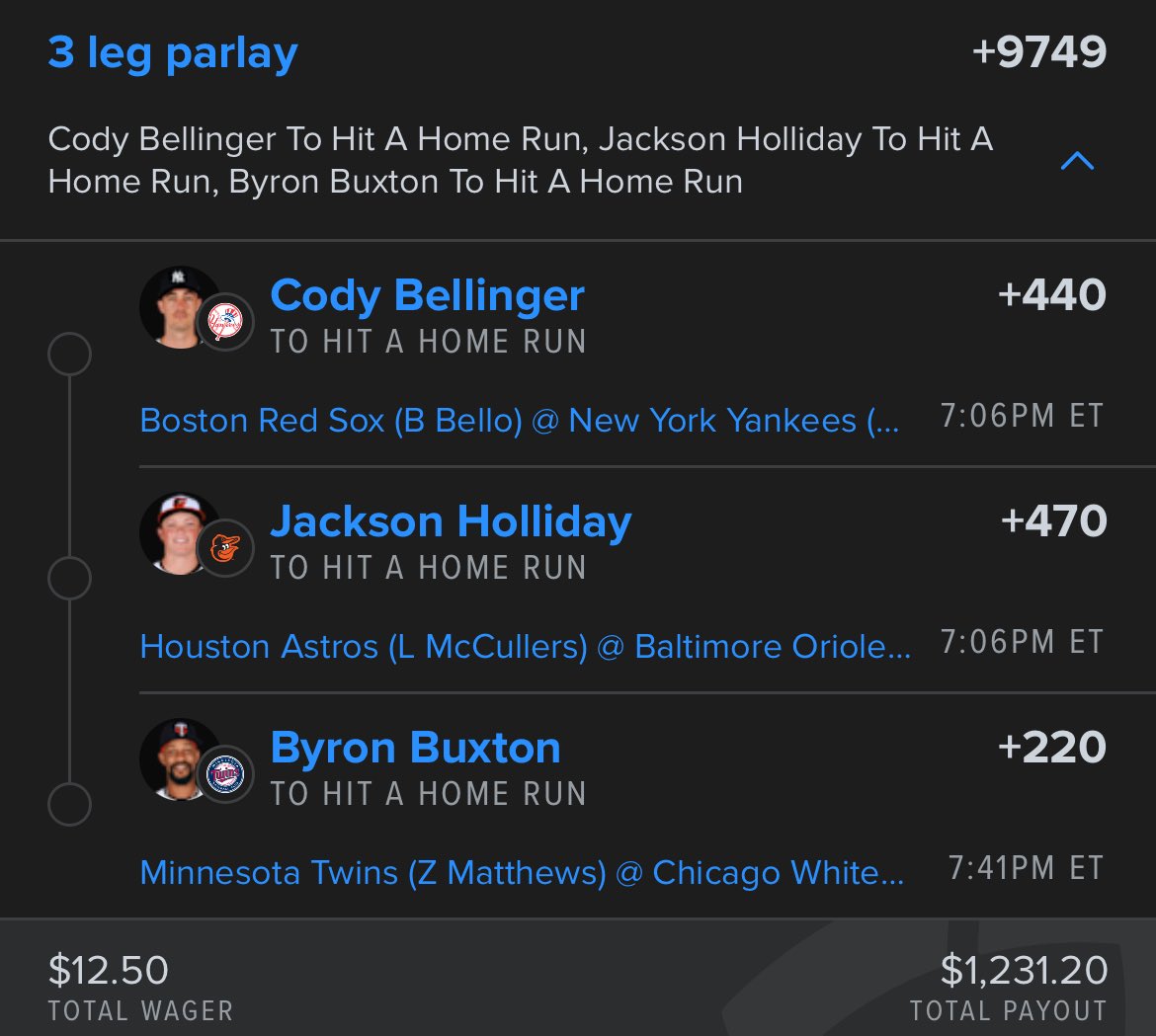 Asked two friends to give me a home run hitter 

Read off the Yankees lineup and asked my mom to pick a home run hitter 

$12.50 into over a thousand