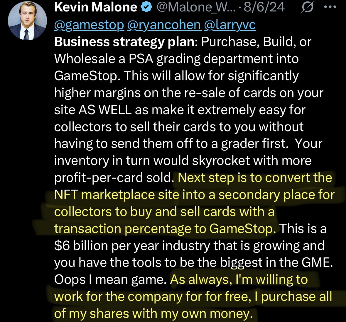 Kevin Malone (@malone_wealth) on Twitter photo 382 day update: How'd I do?
"As always, I'm willing to work for the company for for free, I purchase all of my shares with my own money."
<a href="/ryancohen/">Ryan Cohen</a> 382 day update: How'd I do?
"As always, I'm willing to work for the company for for free, I purchase all of my shares with my own money."
<a href="/ryancohen/">Ryan Cohen</a>
