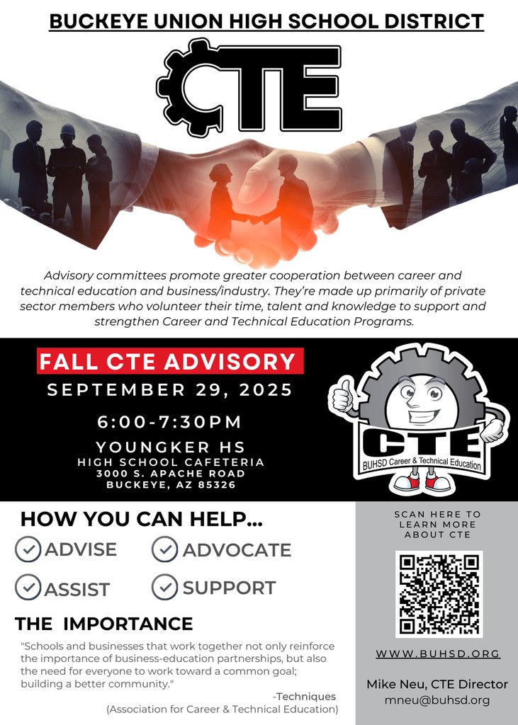 Join us for the BUHSD Fall CTE Advisory Meeting! 🍕 Dinner provided. 📅 Sept 29, 6–7:30 PM 📍 Youngker HS. Help advise, advocate &amp; support our 21 CTE programs. Invite partners, parents &amp; community! 👉 Programs: …ckeyeunionhsdaz.sites.thrillshare.com/page/cte-progr…